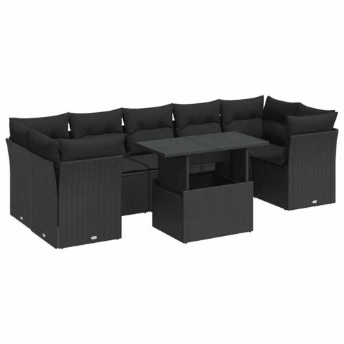 8-Piece Garden Sofa Set with Cushions Black Poly Rattan Wicker Outdoor Patio Furniture - Image 13