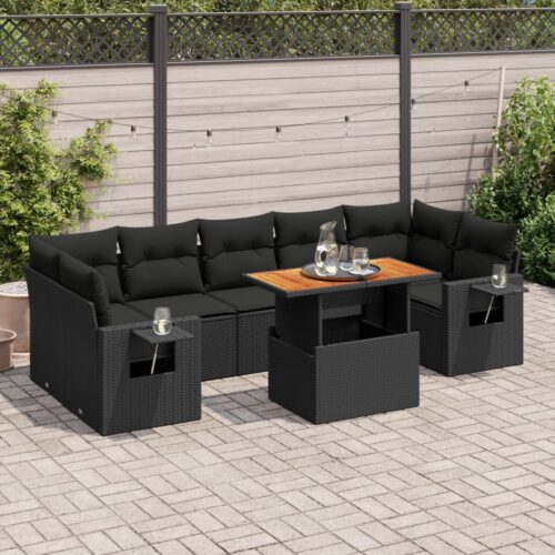 8-Piece Garden Sofa Set with Cushions Black Poly Rattan Wicker Outdoor Patio Furniture - Image 2