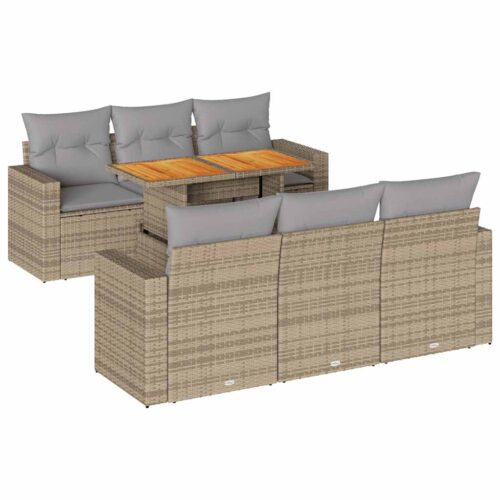 7-Piece Garden Sofa Set with Cushions Beige Poly Rattan Wicker Outdoor Patio Furniture