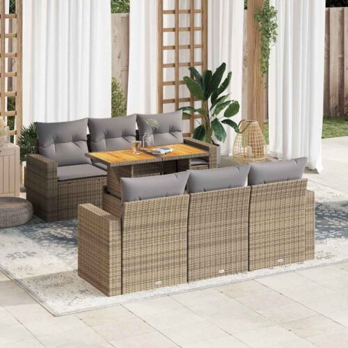 7-Piece Garden Sofa Set with Cushions Beige Poly Rattan Wicker Outdoor Patio Furniture - Image 2