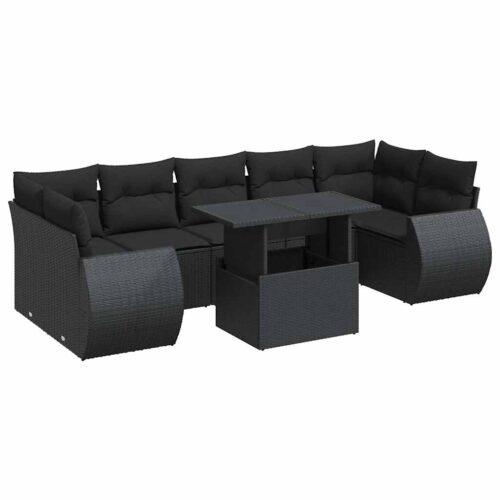 8-Piece Garden Sofa Set with Cushions Black Poly Rattan Wicker Outdoor Patio Furniture