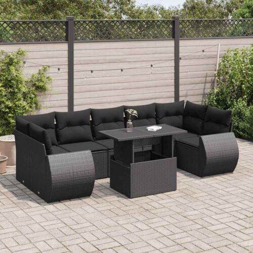 8-Piece Garden Sofa Set with Cushions Black Poly Rattan Wicker Outdoor Patio Furniture - Image 2