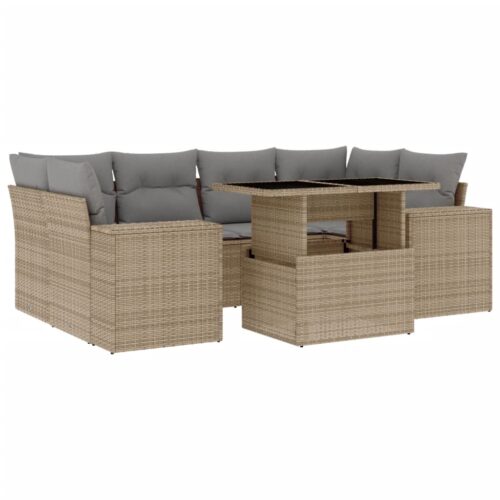 7-Piece Garden Sofa Set with Cushions Beige Poly Rattan Wicker Outdoor Patio Furniture