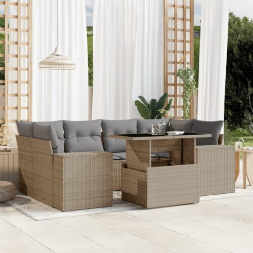 7-Piece Garden Sofa Set with Cushions Beige Poly Rattan Wicker Outdoor Patio Furniture - Image 2