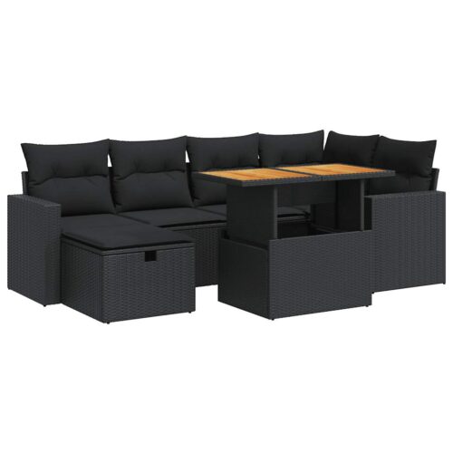 8-Piece Garden Sofa Set with Cushions Black Poly Rattan Wicker Outdoor Patio Furniture Acacia