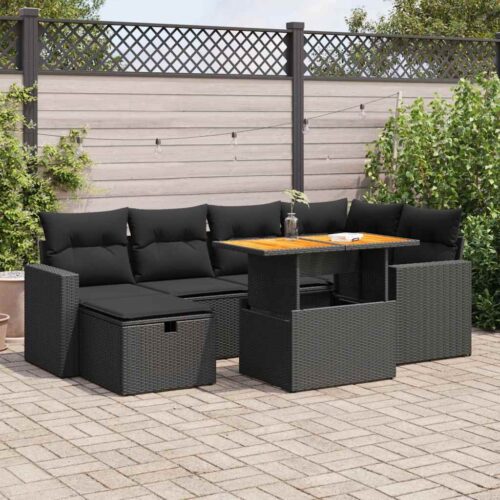 8-Piece Garden Sofa Set with Cushions Black Poly Rattan Wicker Outdoor Patio Furniture Acacia - Image 2