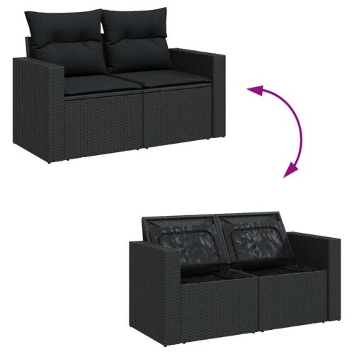 8-Piece Garden Sofa Set with Cushions Black Poly Rattan Wicker Outdoor Patio Furniture Acacia - Image 11