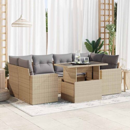 7-Piece Garden Sofa Set with Cushions Beige Poly Rattan Wicker Outdoor Patio Furniture - Image 2