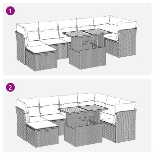 8-Piece Garden Sofa Set with Cushions Black Poly Rattan Wicker Outdoor Patio Furniture Acacia - Image 7