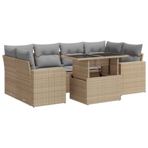 7-Piece Garden Sofa Set with Cushions Beige Poly Rattan Wicker Outdoor Patio Furniture - Image 13