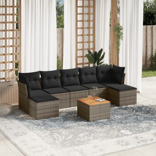 8-Piece Garden Sofa Set with Cushions Grey Poly Rattan Wicker Outdoor Patio Furniture - Image 2