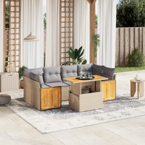 7-Piece Garden Sofa Set with Cushions Beige Poly Rattan Wicker Outdoor Patio Furniture - Image 2