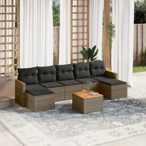 8-Piece Garden Sofa Set with Cushions Grey Poly Rattan Wicker Outdoor Patio Furniture - Image 2