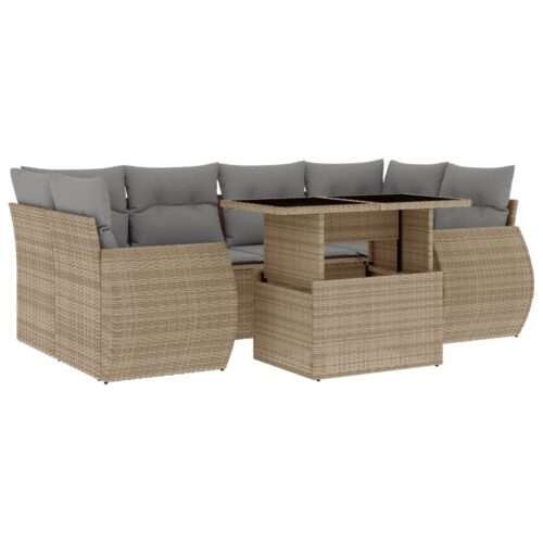 7-Piece Garden Sofa Set with Cushions Beige Poly Rattan Wicker Outdoor Patio Furniture
