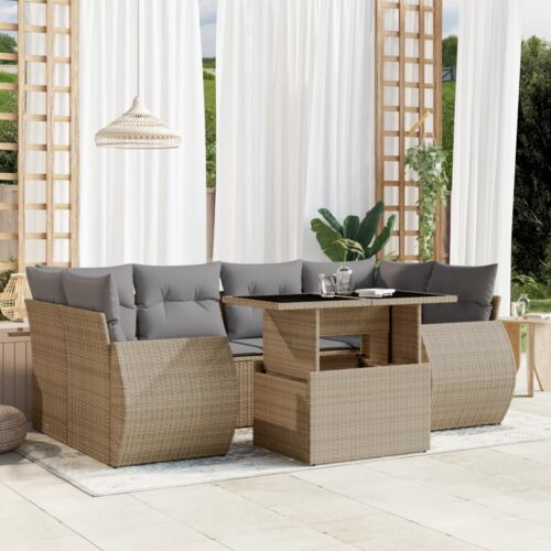 7-Piece Garden Sofa Set with Cushions Beige Poly Rattan Wicker Outdoor Patio Furniture - Image 2