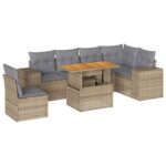 7-Piece Garden Sofa Set with Cushions Beige Poly Rattan Wicker Outdoor Patio Furniture
