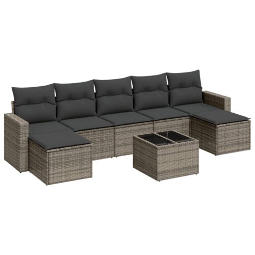 8-Piece Garden Sofa Set with Cushions Grey Poly Rattan Wicker Outdoor Patio Furniture