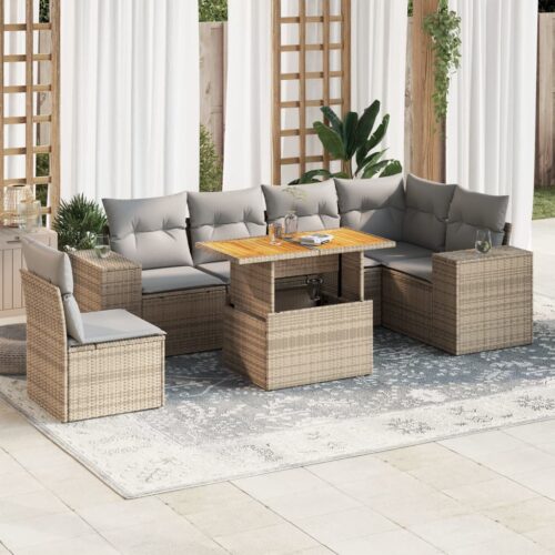 7-Piece Garden Sofa Set with Cushions Beige Poly Rattan Wicker Outdoor Patio Furniture - Image 2