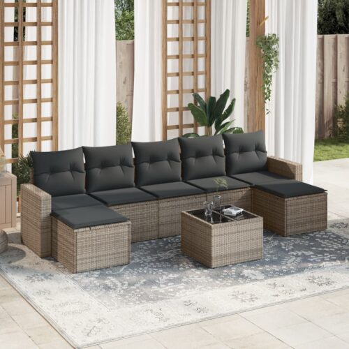 8-Piece Garden Sofa Set with Cushions Grey Poly Rattan Wicker Outdoor Patio Furniture - Image 2