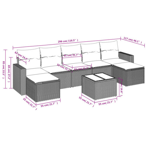 8-Piece Garden Sofa Set with Cushions Grey Poly Rattan Wicker Outdoor Patio Furniture - Image 3