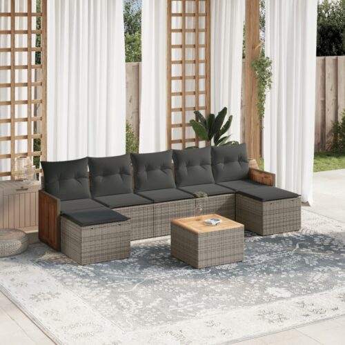 8-Piece Garden Sofa Set with Cushions Grey Poly Rattan Wicker Outdoor Patio Furniture - Image 2