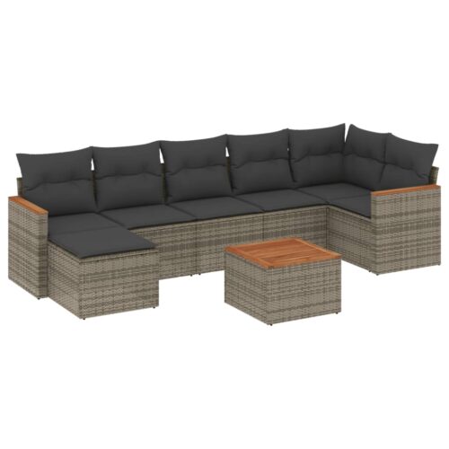 8-Piece Garden Sofa Set with Cushions Grey Poly Rattan Wicker Outdoor Patio Furniture