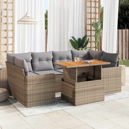 7-Piece Garden Sofa Set with Cushions Beige Poly Rattan Wicker Outdoor Patio Furniture - Image 2