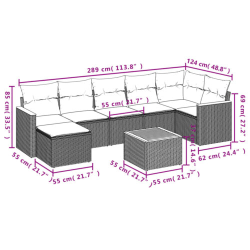 8-Piece Garden Sofa Set with Cushions Grey Poly Rattan Wicker Outdoor Patio Furniture - Image 9