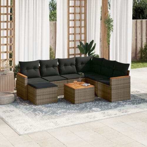 8-Piece Garden Sofa Set with Cushions Grey Poly Rattan Wicker Outdoor Patio Furniture - Image 2
