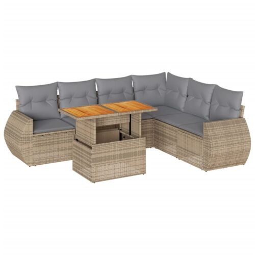 7-Piece Garden Sofa Set with Cushions Beige Poly Rattan Wicker Outdoor Patio Furniture