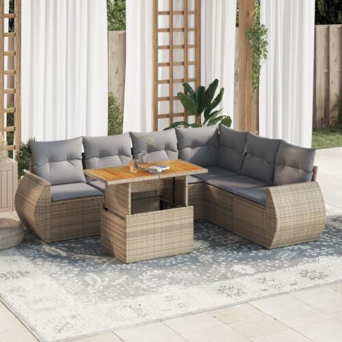 7-Piece Garden Sofa Set with Cushions Beige Poly Rattan Wicker Outdoor Patio Furniture - Image 2