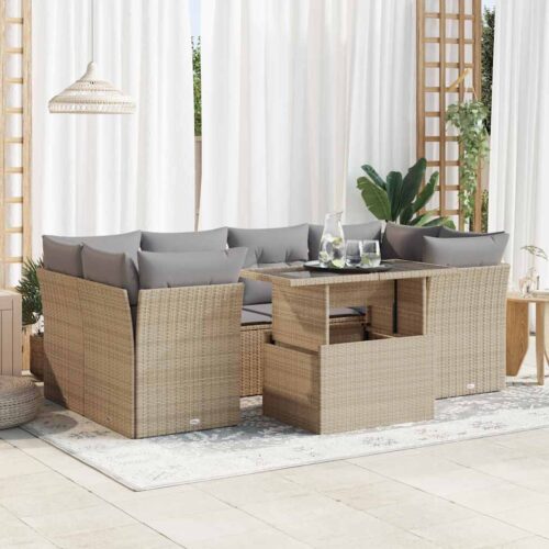 7-Piece Garden Sofa Set with Cushions Beige Poly Rattan Wicker Outdoor Patio Furniture - Image 2