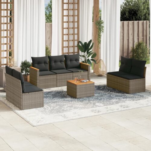 8-Piece Garden Sofa Set with Cushions Grey Poly Rattan Wicker Outdoor Patio Furniture - Image 2