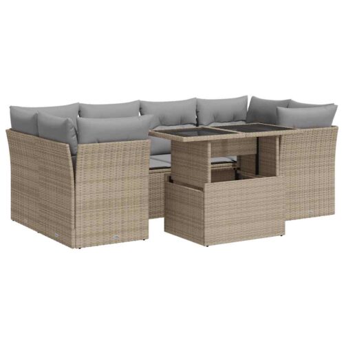 7-Piece Garden Sofa Set with Cushions Beige Poly Rattan Wicker Outdoor Patio Furniture - Image 13
