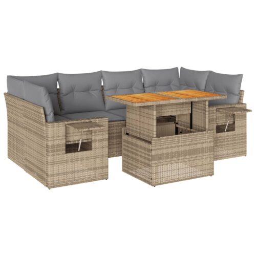 7-Piece Garden Sofa Set with Cushions Beige Poly Rattan Wicker Outdoor Patio Furniture