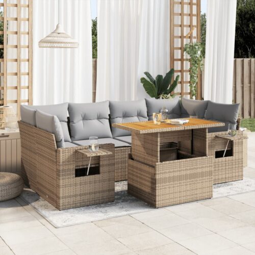 7-Piece Garden Sofa Set with Cushions Beige Poly Rattan Wicker Outdoor Patio Furniture - Image 2