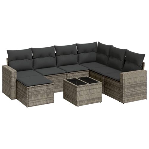 8-Piece Garden Sofa Set with Cushions Grey Poly Rattan Wicker Outdoor Patio Furniture