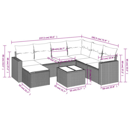 8-Piece Garden Sofa Set with Cushions Grey Poly Rattan Wicker Outdoor Patio Furniture - Image 3