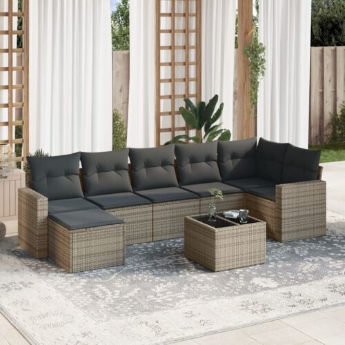 8-Piece Garden Sofa Set with Cushions Grey Poly Rattan Wicker Outdoor Patio Furniture - Image 2