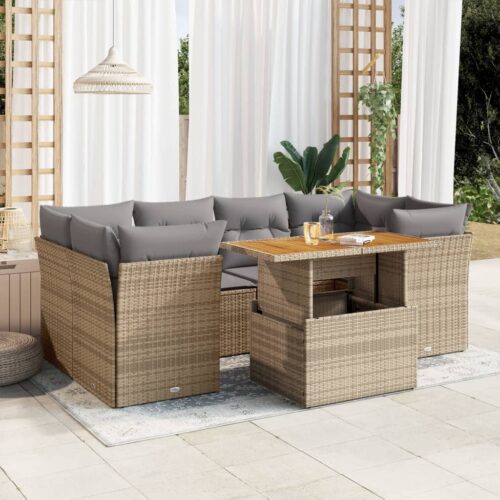 7-Piece Garden Sofa Set with Cushions Beige Poly Rattan Wicker Outdoor Patio Furniture - Image 2