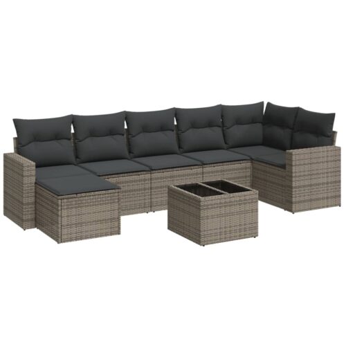 8-Piece Garden Sofa Set with Cushions Grey Poly Rattan Wicker Outdoor Patio Furniture - Image 5