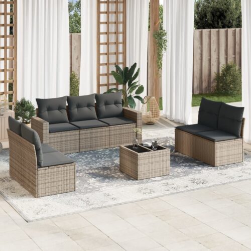 8-Piece Garden Sofa Set with Cushions Grey Poly Rattan Wicker Outdoor Patio Furniture - Image 2