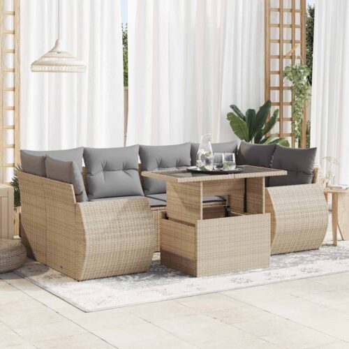 7-Piece Garden Sofa Set with Cushions Beige Poly Rattan Wicker Outdoor Patio Furniture - Image 2