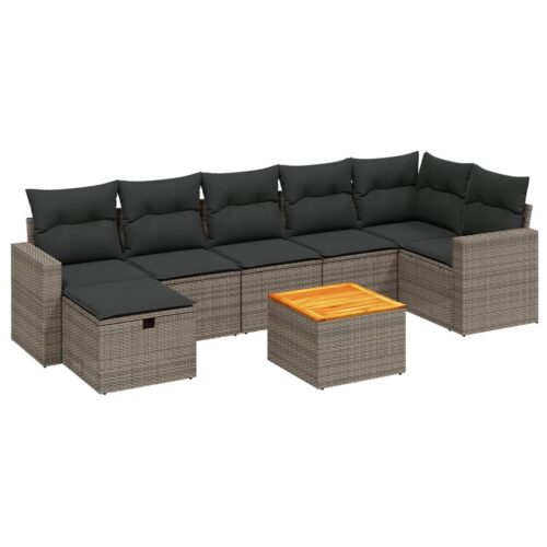 8-Piece Garden Sofa Set with Cushions Grey Poly Rattan Wicker Outdoor Patio Furniture