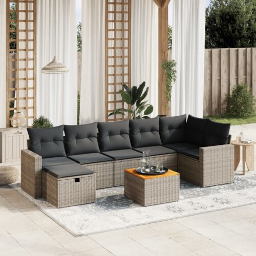 8-Piece Garden Sofa Set with Cushions Grey Poly Rattan Wicker Outdoor Patio Furniture - Image 2