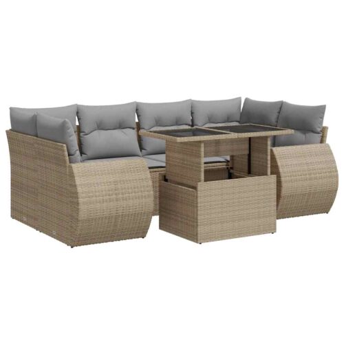 7-Piece Garden Sofa Set with Cushions Beige Poly Rattan Wicker Outdoor Patio Furniture - Image 13