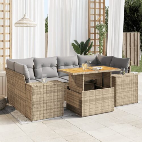 7-Piece Garden Sofa Set with Cushions Beige Poly Rattan Wicker Outdoor Patio Furniture - Image 2