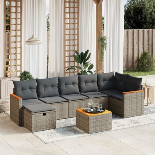 8-Piece Garden Sofa Set with Cushions Grey Poly Rattan Wicker Outdoor Patio Furniture - Image 2