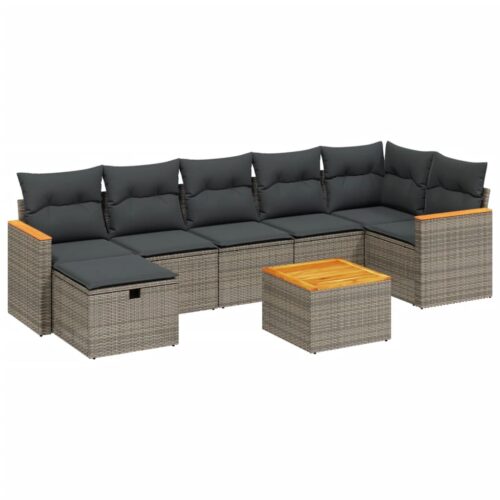 8-Piece Garden Sofa Set with Cushions Grey Poly Rattan Wicker Outdoor Patio Furniture - Image 6