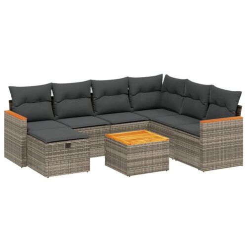 8-Piece Garden Sofa Set with Cushions Grey Poly Rattan Wicker Outdoor Patio Furniture